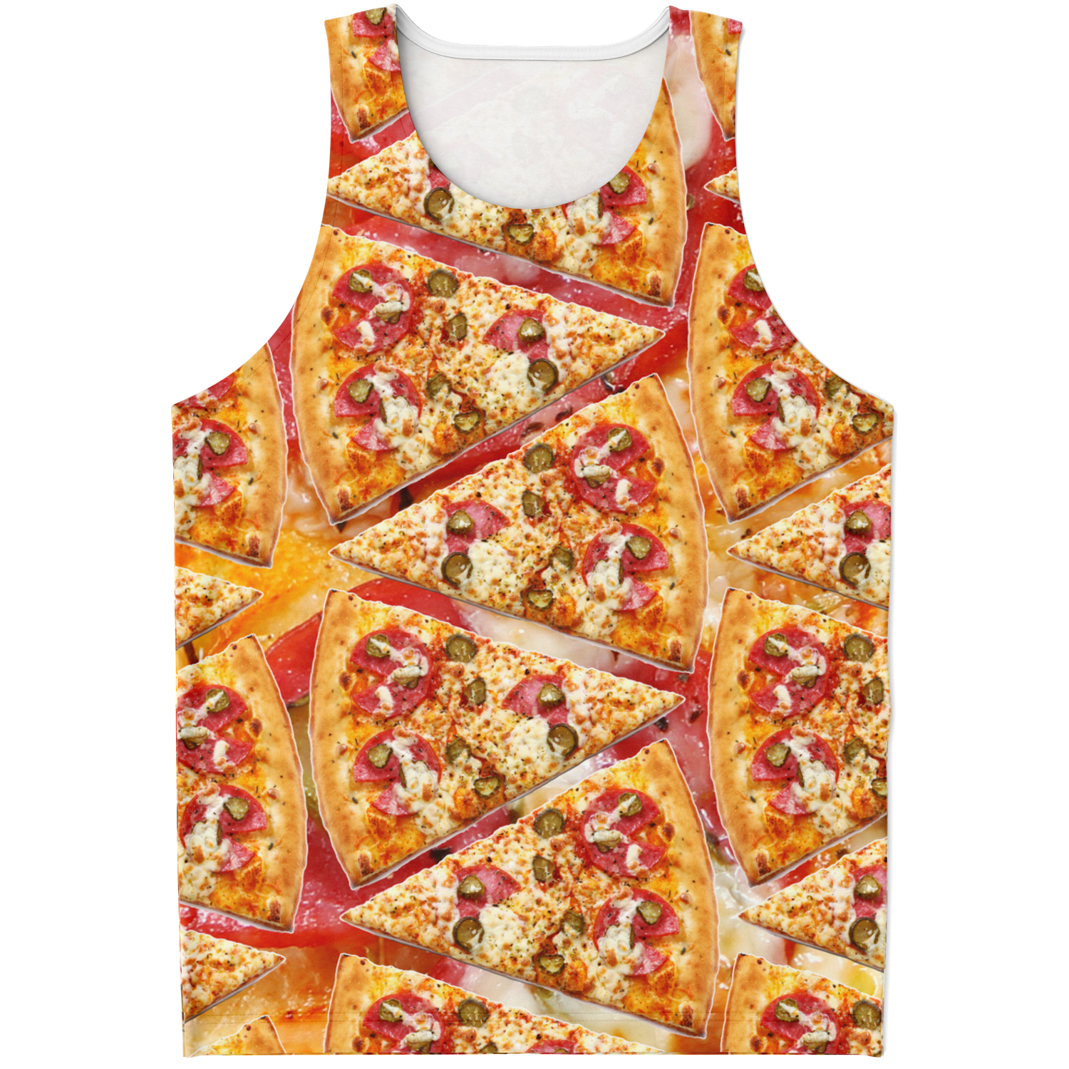 Flatlay front view of Cheesy Pizza Tank Top featuring vibrant all-over pepperoni pizza slice design