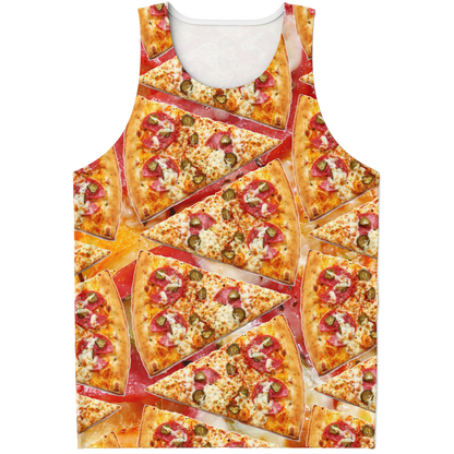 Flatlay front view of Cheesy Pizza Tank Top featuring vibrant all-over pepperoni pizza slice design