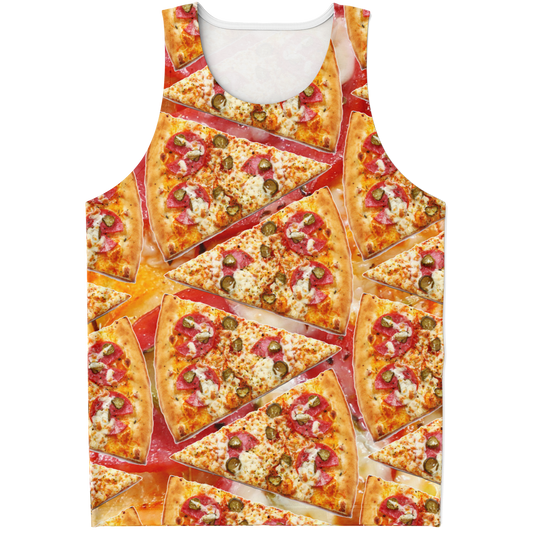 Flatlay front view of Cheesy Pizza Tank Top featuring vibrant all-over pepperoni pizza slice design