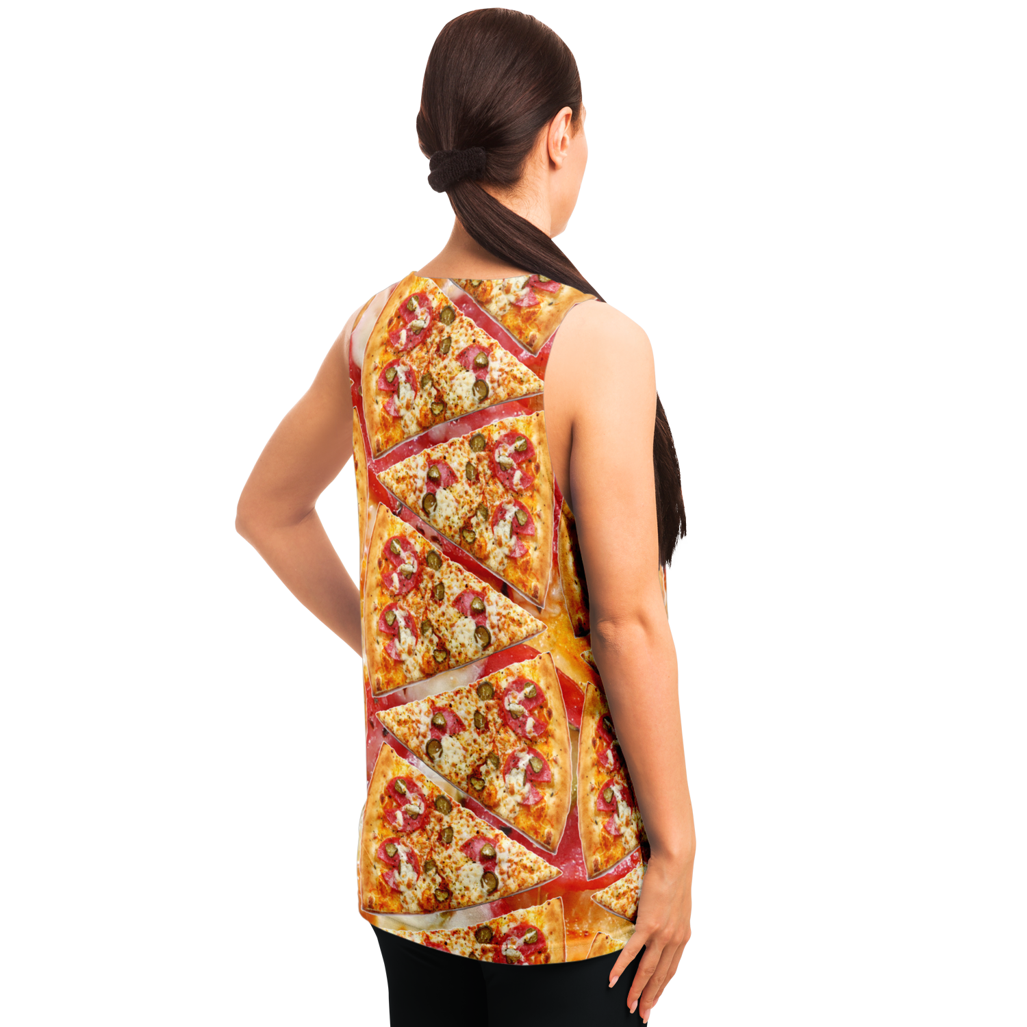  Angled back view of woman in Cheesy Pizza Tank Top with fun all-over pizza slice design