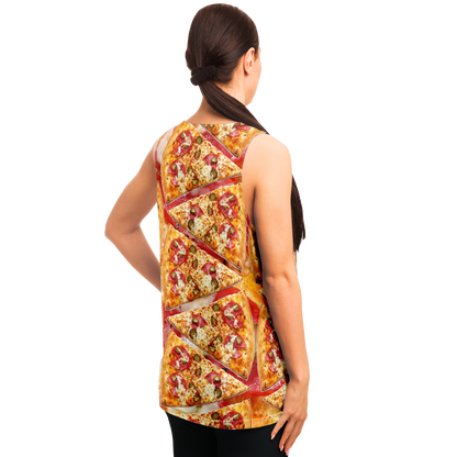  Angled back view of woman in Cheesy Pizza Tank Top with fun all-over pizza slice design