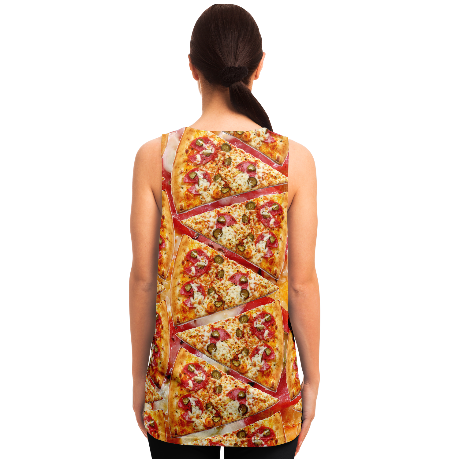 Back view of female model in Cheesy Pizza Tank Top with bold pepperoni pizza graphics