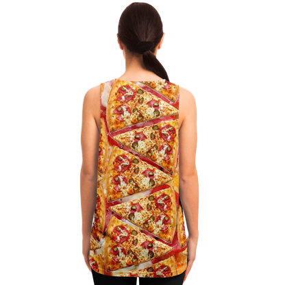  Back view of female model in Cheesy Pizza Tank Top with bold pepperoni pizza graphics