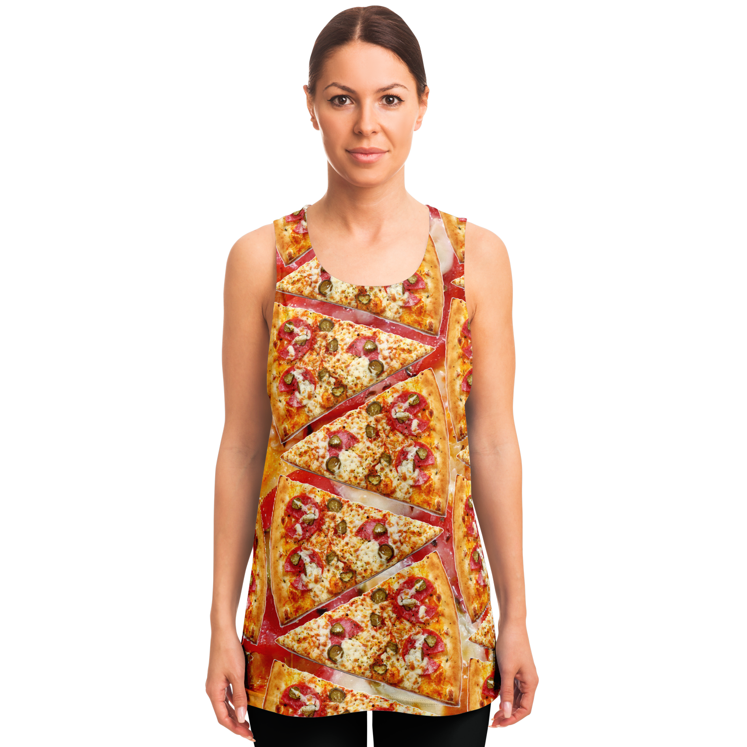 Female model front view wearing Cheesy Pizza Tank Top with realistic pizza print