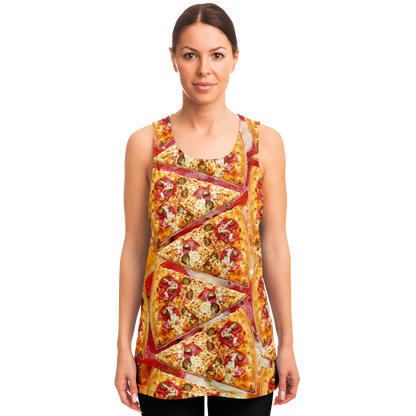 Female model front view wearing Cheesy Pizza Tank Top with realistic pizza print