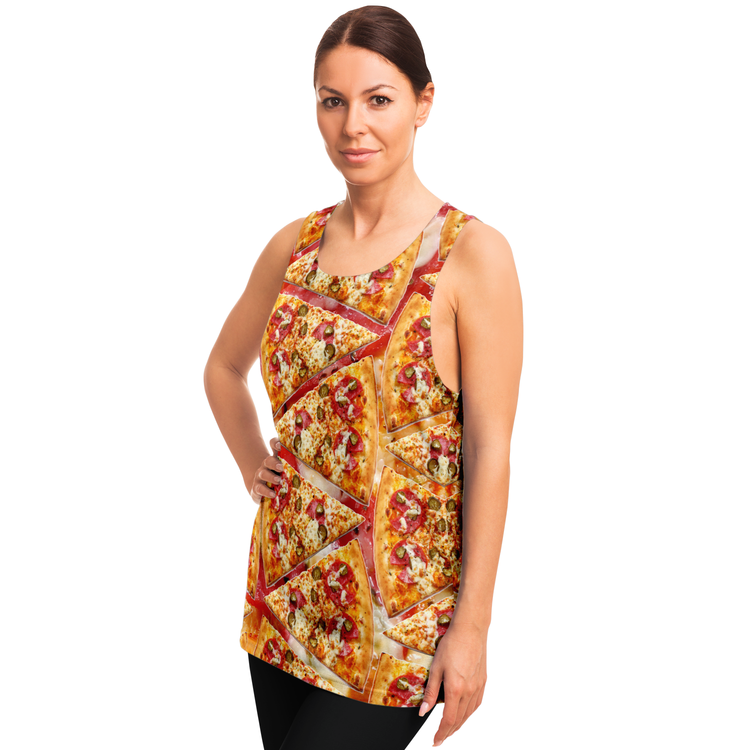 Side pose of woman modeling Cheesy Pizza Tank Top featuring detailed cheesy pizza artwork