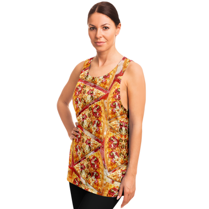 Side pose of woman modeling Cheesy Pizza Tank Top featuring detailed cheesy pizza artwork