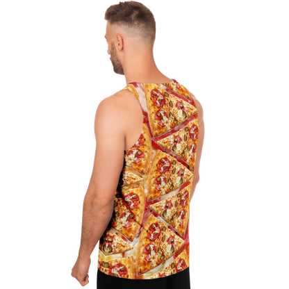  Angled back view of male model wearing Cheesy Pizza Tank Top with realistic food pattern