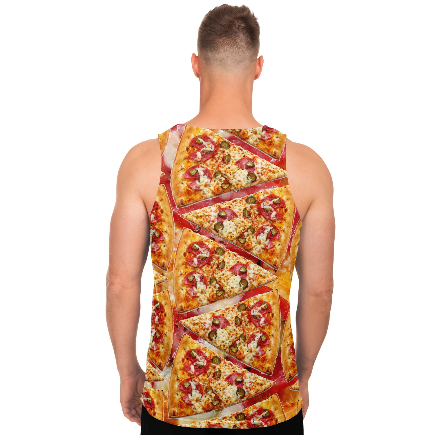  Back view of male model in Cheesy Pizza Tank Top covered in gooey pepperoni slices