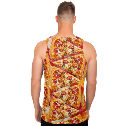  Back view of male model in Cheesy Pizza Tank Top covered in gooey pepperoni slices