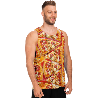 Side profile of man in Cheesy Pizza Tank Top featuring full-wrap pizza slice print
