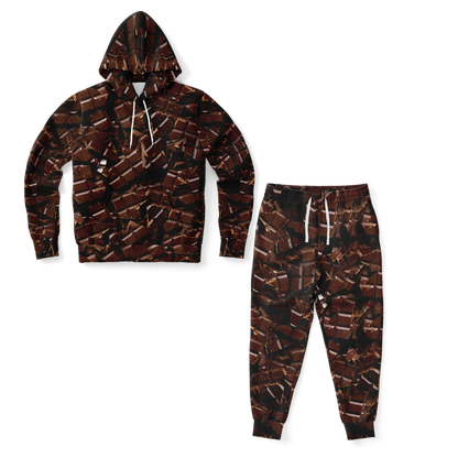 Front view of Chocolate Rush co-ord set with printed hoodie and joggers laid flat