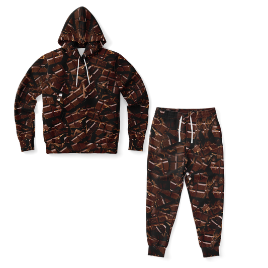 Front view of Chocolate Rush co-ord set with printed hoodie and joggers laid flat