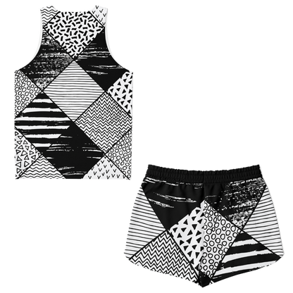Back view of Contrast Clash co-ord set with matching monochrome patterns on top and shorts