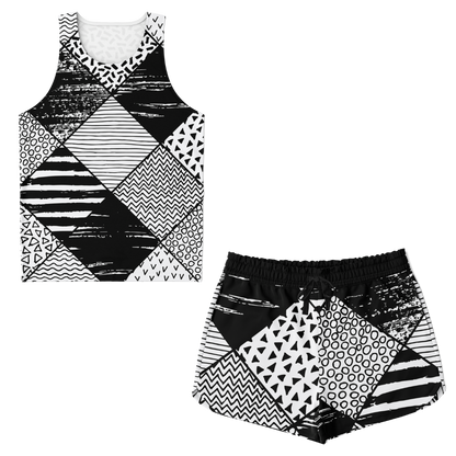 Front view of Contrast Clash co-ord set with black and white geometric tank top and shorts