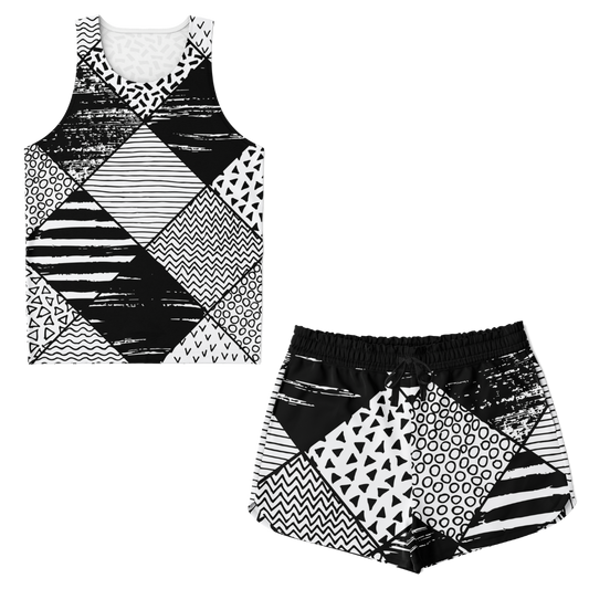 Front view of Contrast Clash co-ord set with black and white geometric tank top and shorts