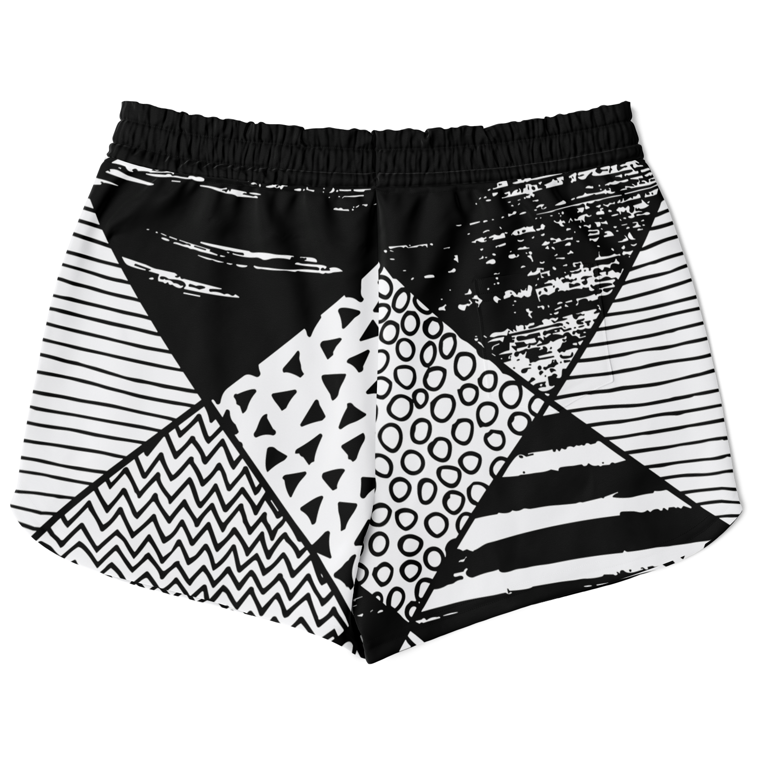 Back view of co-ord shorts with contrasting graphic panels in black and white