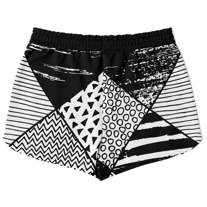 Back view of co-ord shorts with contrasting graphic panels in black and white
