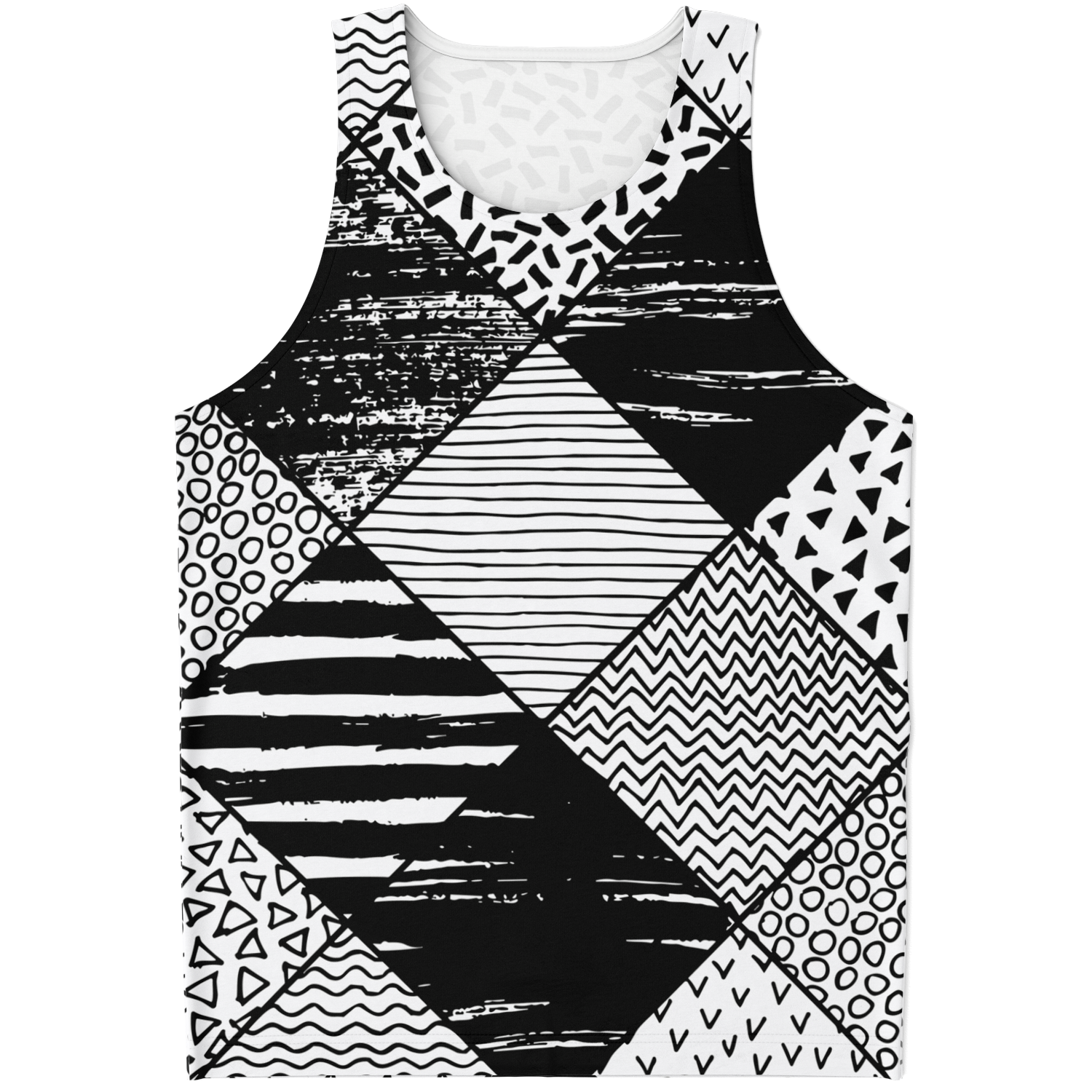 Front of Contrast Clash tank top featuring mixed geometric black and white prints