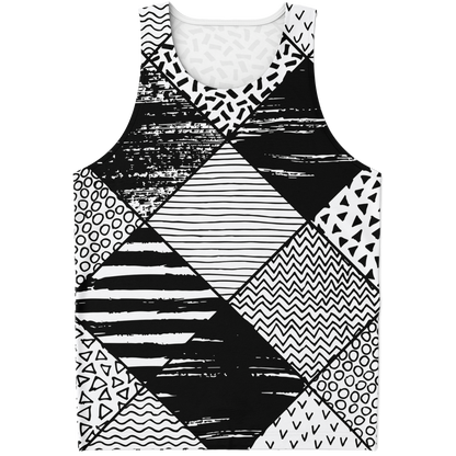 Front of Contrast Clash tank top featuring mixed geometric black and white prints