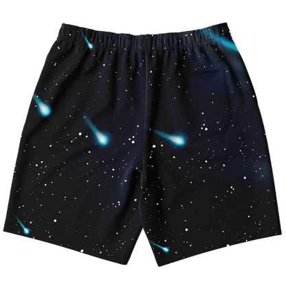 Back view of Cosmic Buddies Shorts with starry night space design on black background