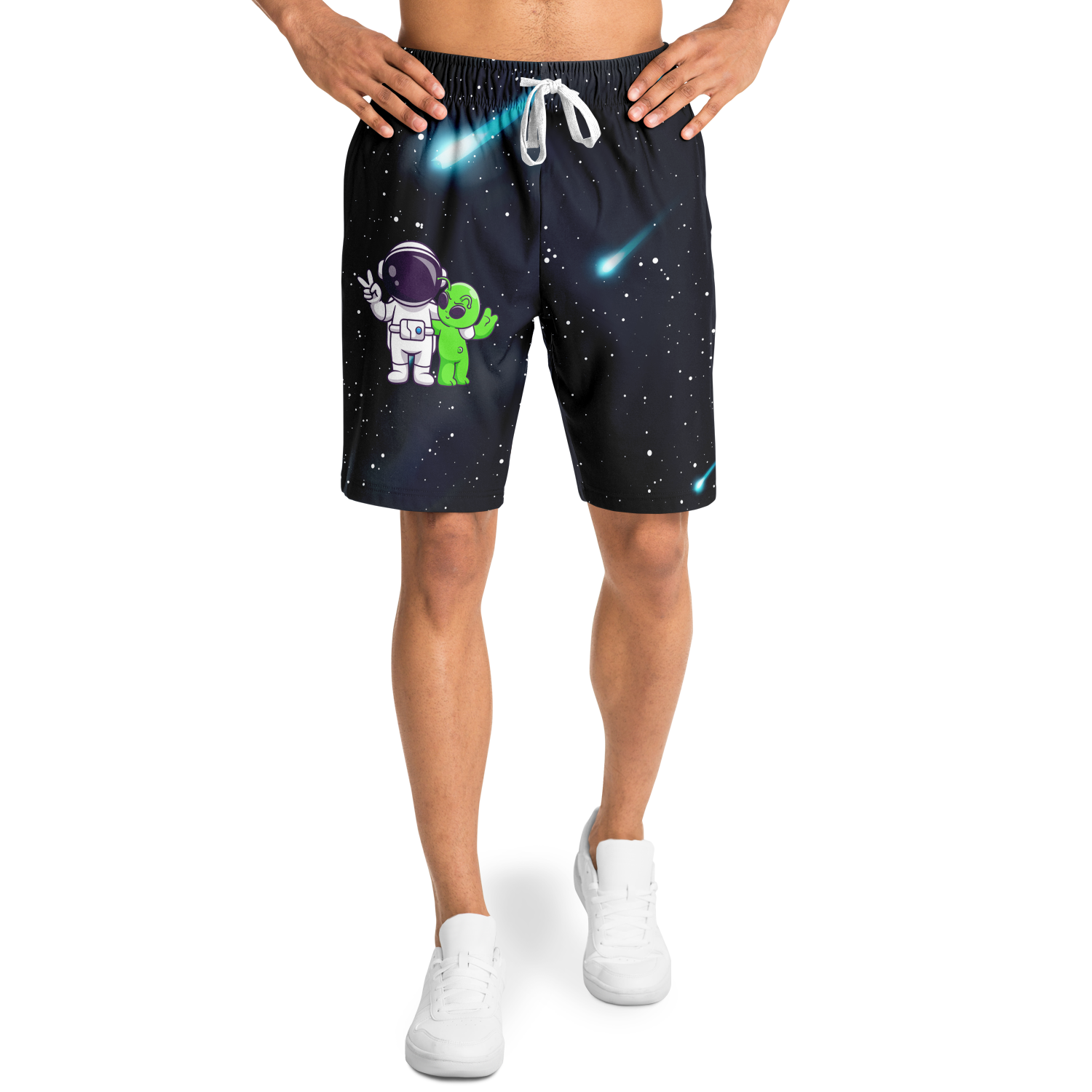 Male model wearing Cosmic Buddies Shorts front view with astronaut and alien graphic, transparent background

