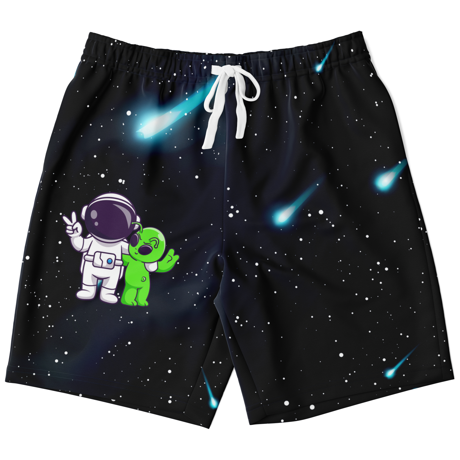 Front view of Cosmic Buddies Shorts featuring astronaut and alien graphic on black cosmic background with drawstring waist