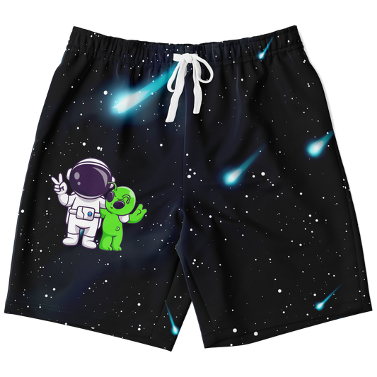 Front view of Cosmic Buddies Shorts featuring astronaut and alien graphic on black cosmic background with drawstring waist