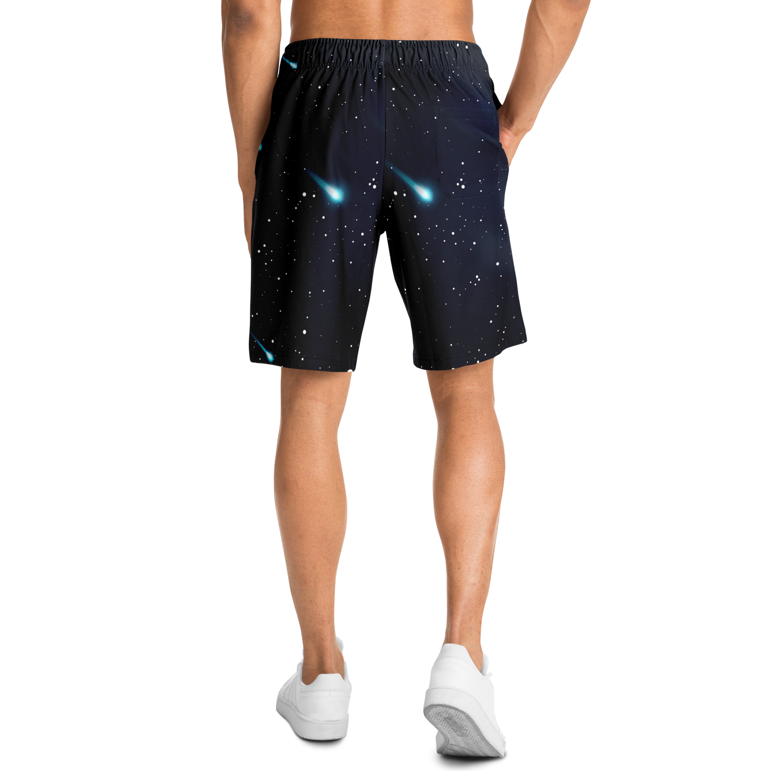 Angled back view of Cosmic Buddies Shorts on model, starry galaxy design