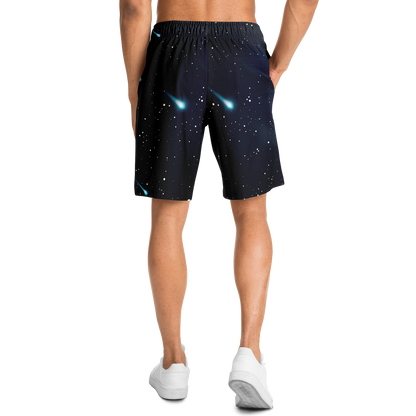 Angled back view of Cosmic Buddies Shorts on model, starry galaxy design