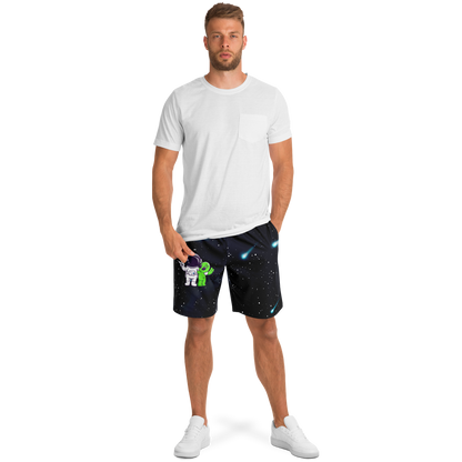 Male model in angled front pose wearing Cosmic Buddies Shorts with astronaut and alien graphic