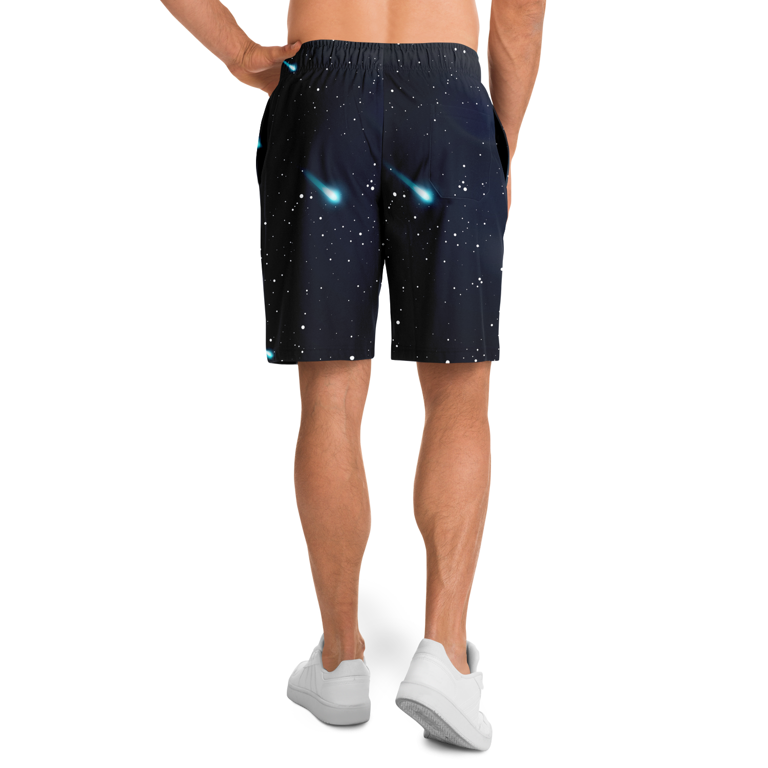 Male model wearing Cosmic Buddies Shorts back view, cosmic space design