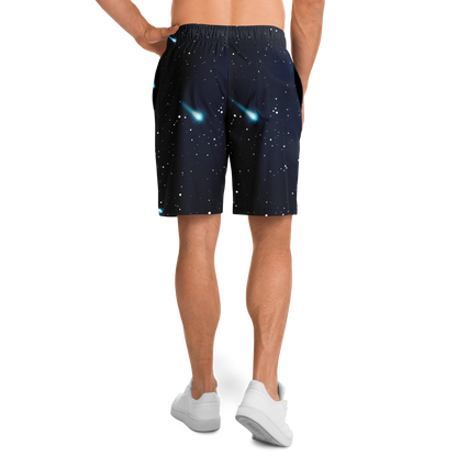 Male model wearing Cosmic Buddies Shorts back view, cosmic space design