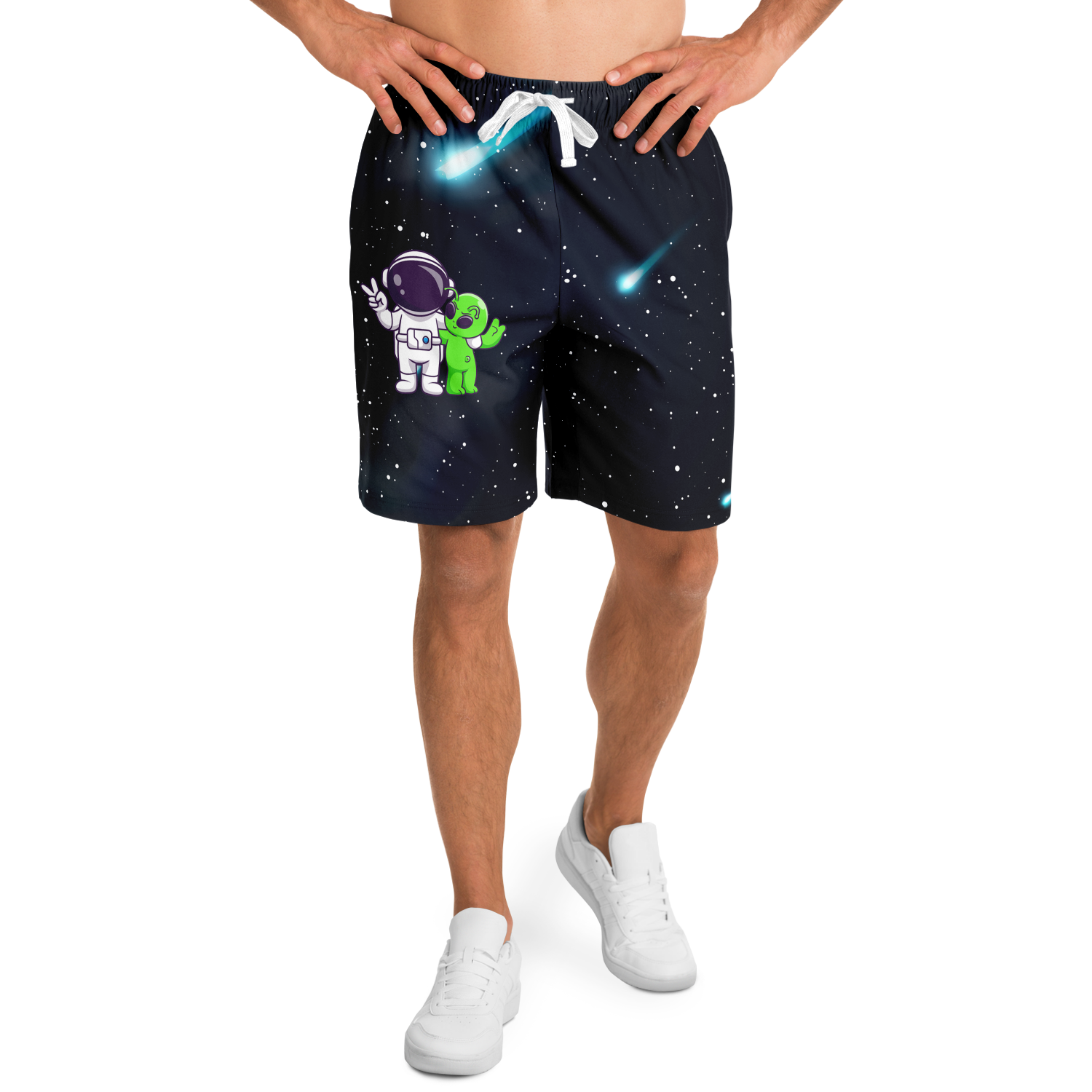  Male model wearing Cosmic Buddies Shorts front view, astronaut and alien design visible