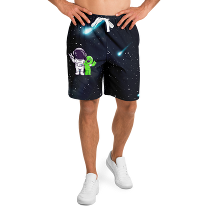 Male model wearing Cosmic Buddies Shorts front view, astronaut and alien design visible