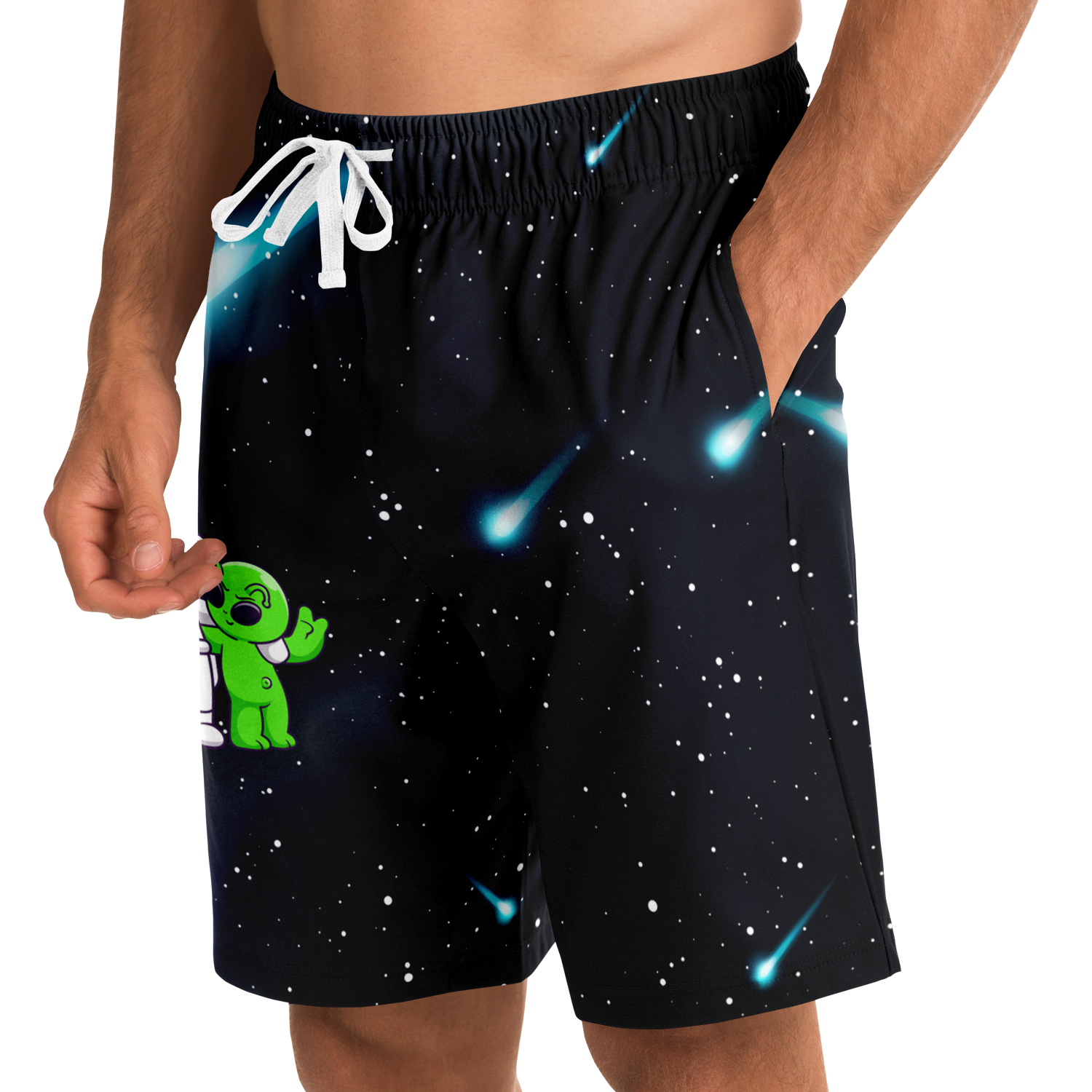 Side view of Cosmic Buddies Shorts on model showing astronaut and alien detail on black cosmic background