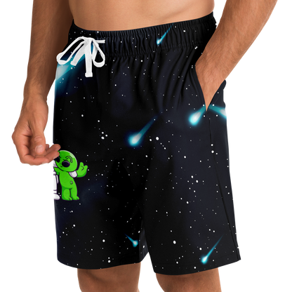 Side view of Cosmic Buddies Shorts on model showing astronaut and alien detail on black cosmic background