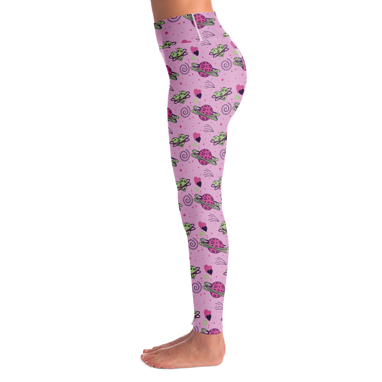 Cosmic Crush Leggings – Left profile showing whimsical planets and stars pattern