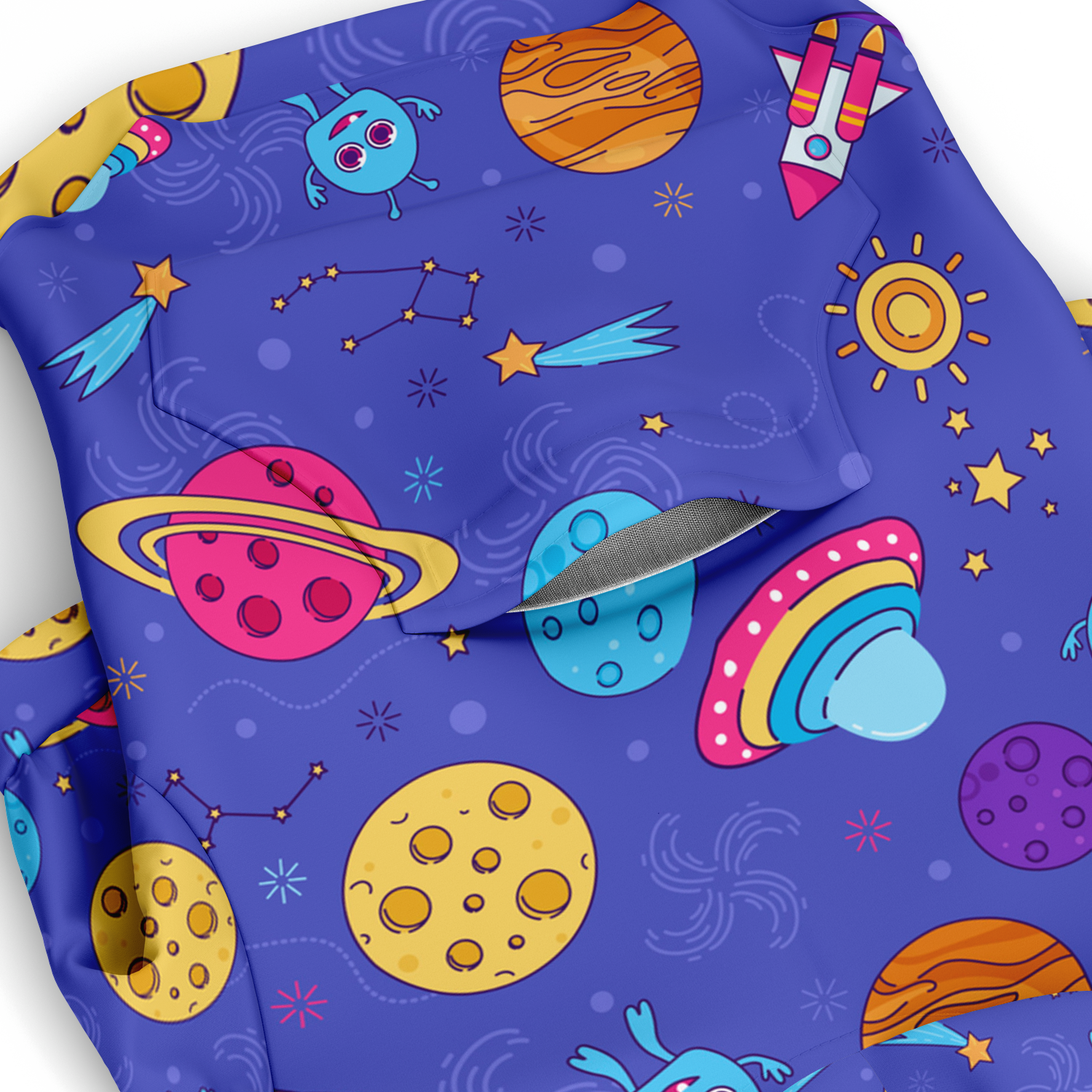 Close-up of galaxy and food print on Cosmo Charm dog hoodie
