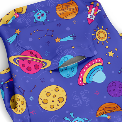 Close-up of galaxy and food print on Cosmo Charm dog hoodie