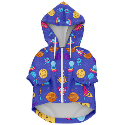 Flat lay of CosmoCharm dog hoodie with cosmic print and zipper front"

