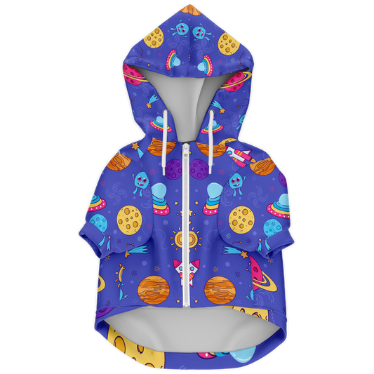 Flat lay of CosmoCharm dog hoodie with cosmic print and zipper front"

