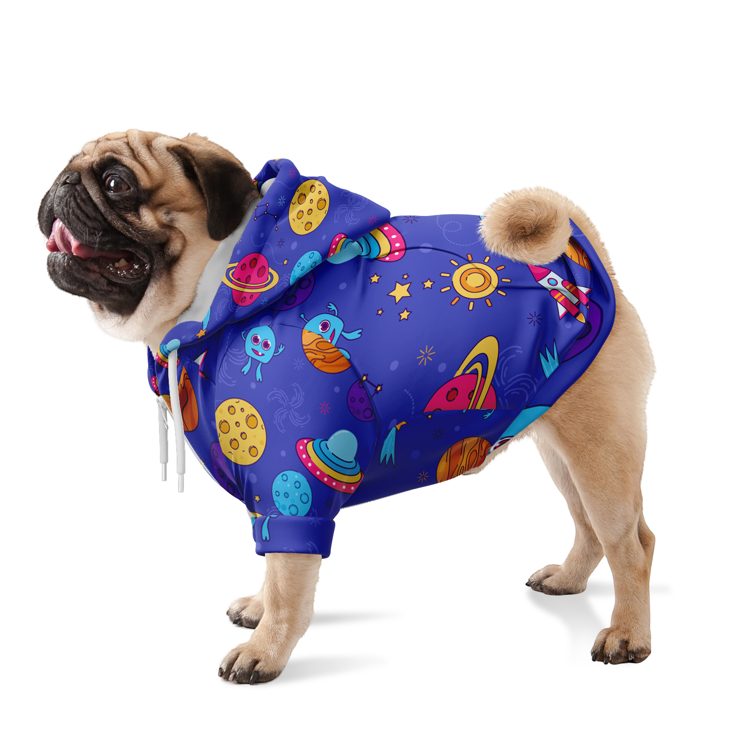 Dog standing in Cosmo Charm hoodie with full-body view of cosmic pattern