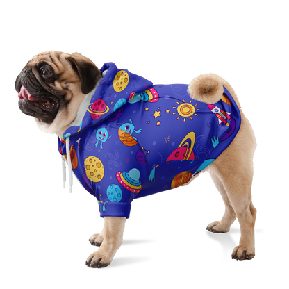 Dog standing in Cosmo Charm hoodie with full-body view of cosmic pattern