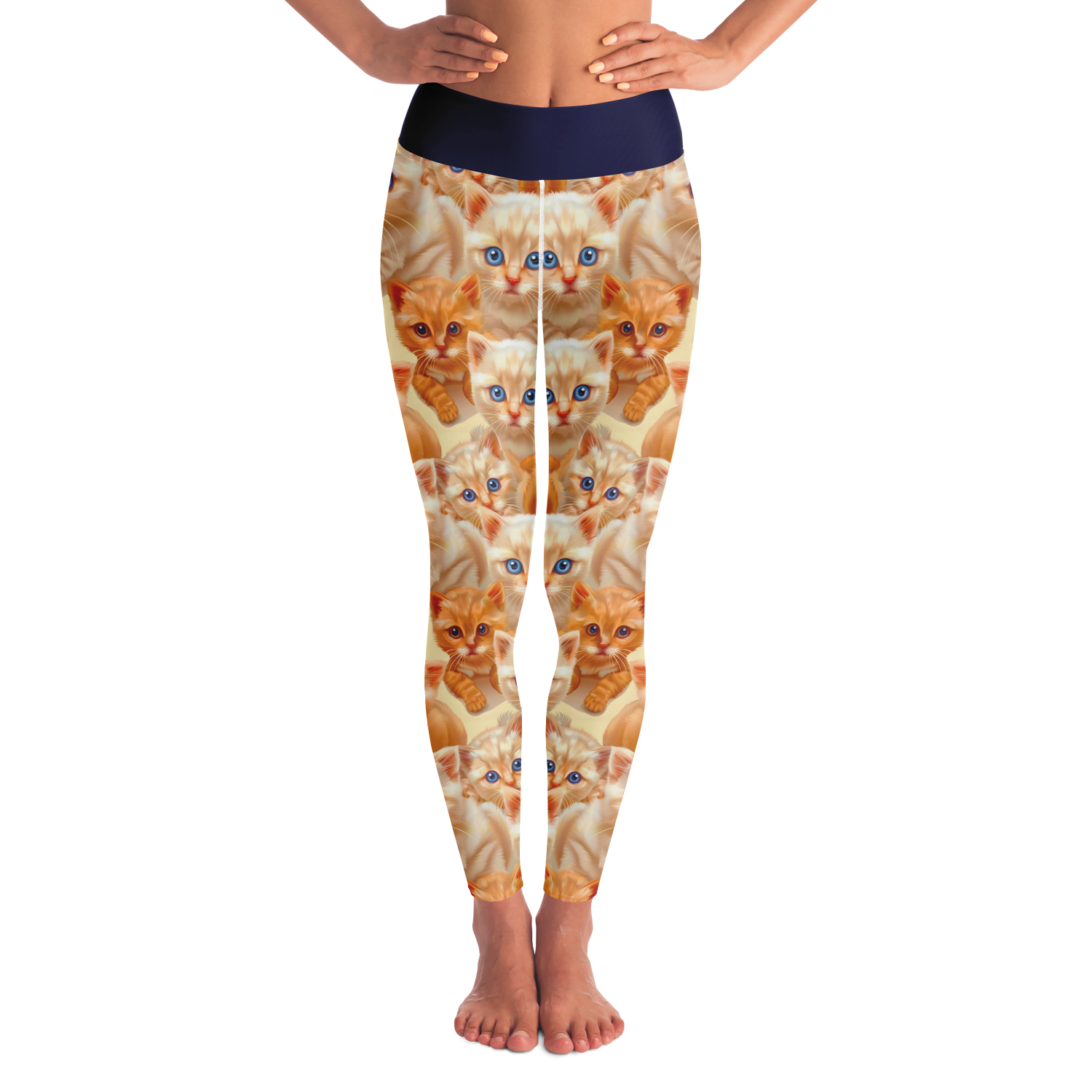 Cuddle Cat Leggings – Front view featuring an adorable cat print on warm-toned background