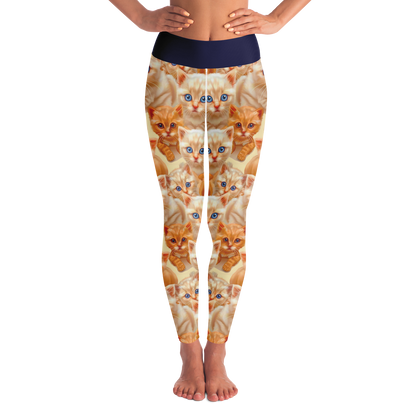 Cuddle Cat Leggings – Front view featuring an adorable cat print on warm-toned background