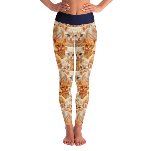 Cuddle Cat Leggings – Front view featuring an adorable cat print on warm-toned background