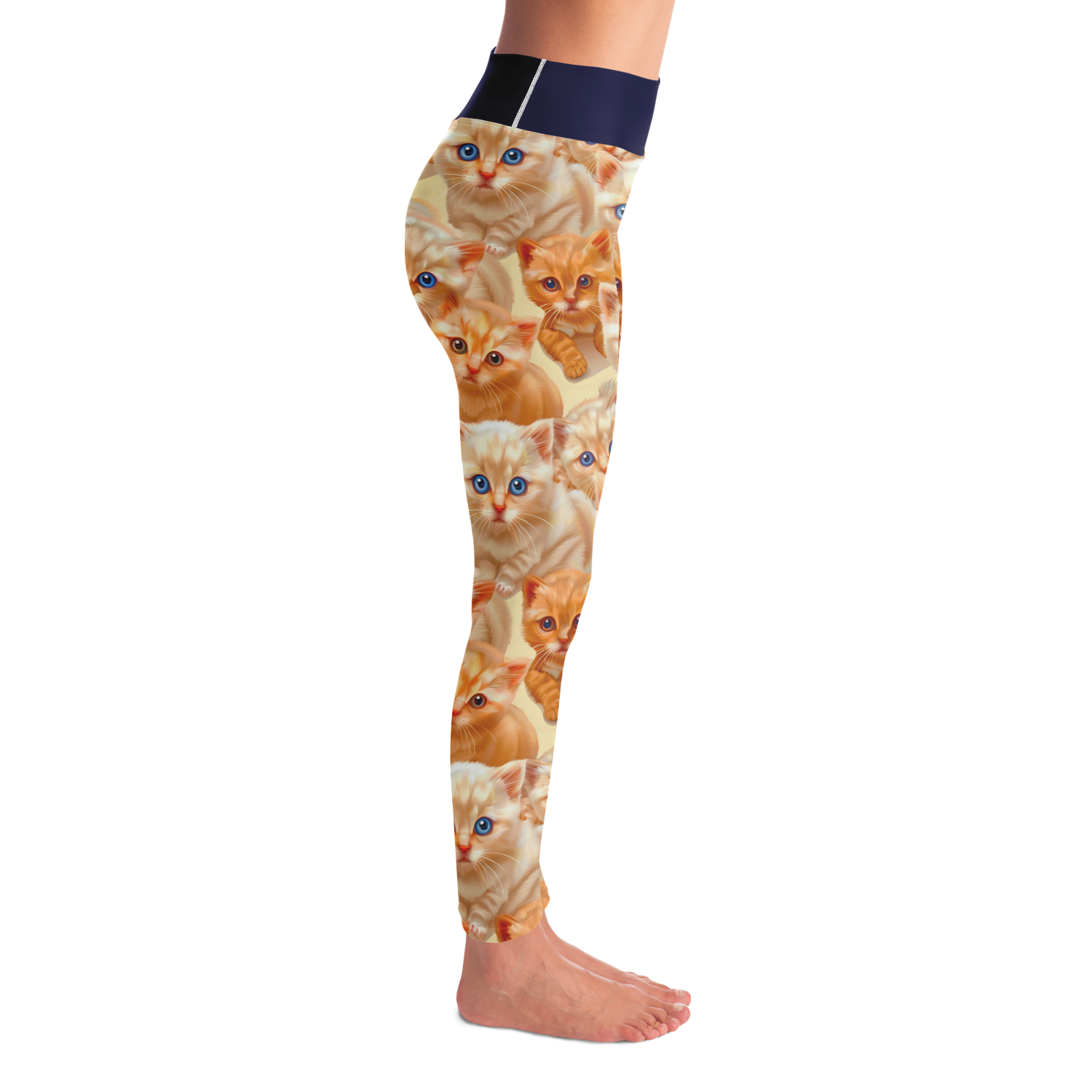 Cuddle Cat Leggings – Right side profile emphasizing fabric movement and playful cats