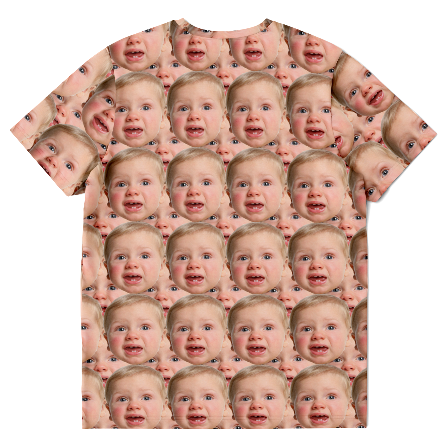  Back flat lay view of custom baby face t-shirt highlighting full print coverage and soft fabric texture.