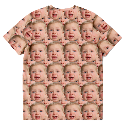  Back flat lay view of custom baby face t-shirt highlighting full print coverage and soft fabric texture.